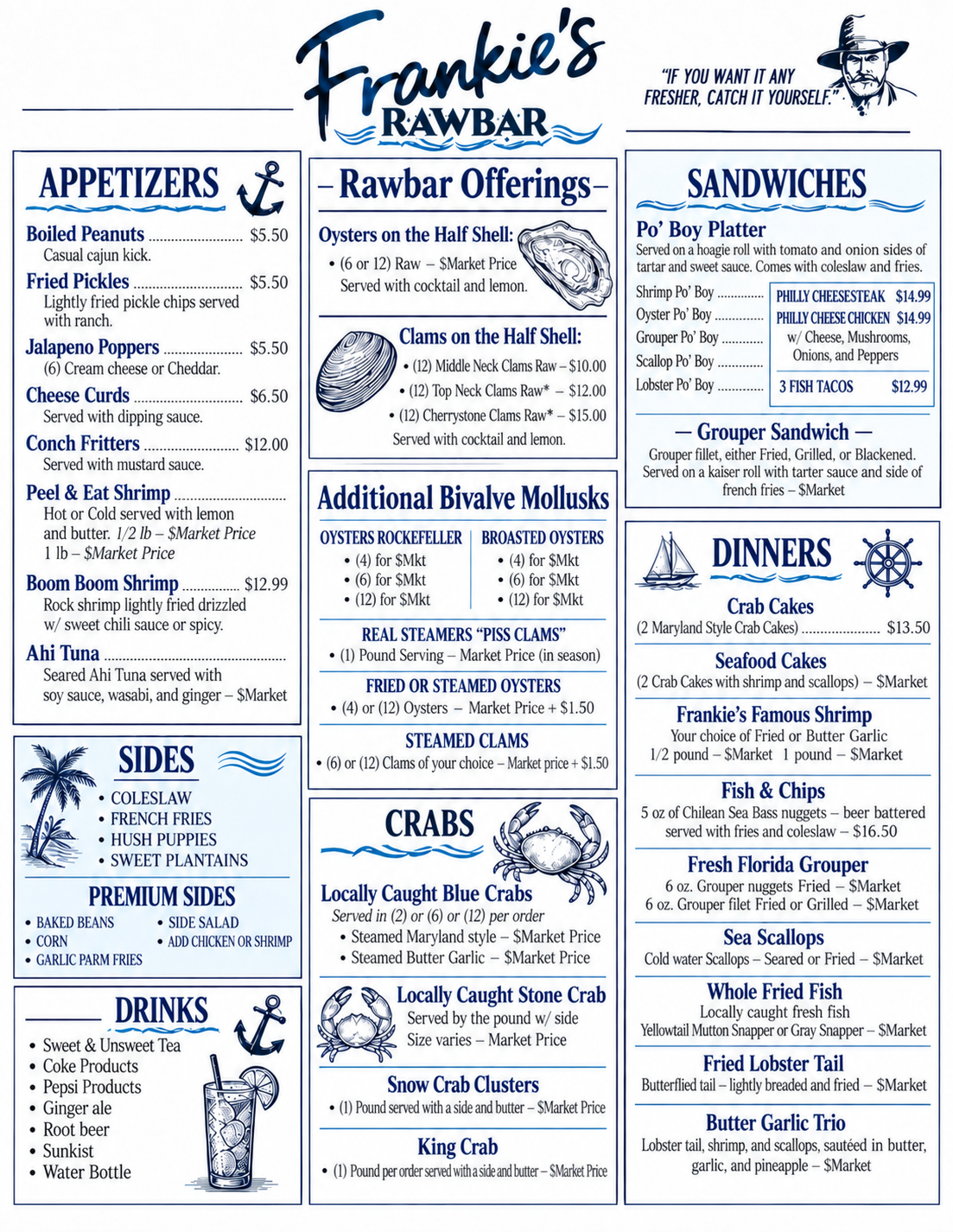 Frankie's Rawbar full menu back page