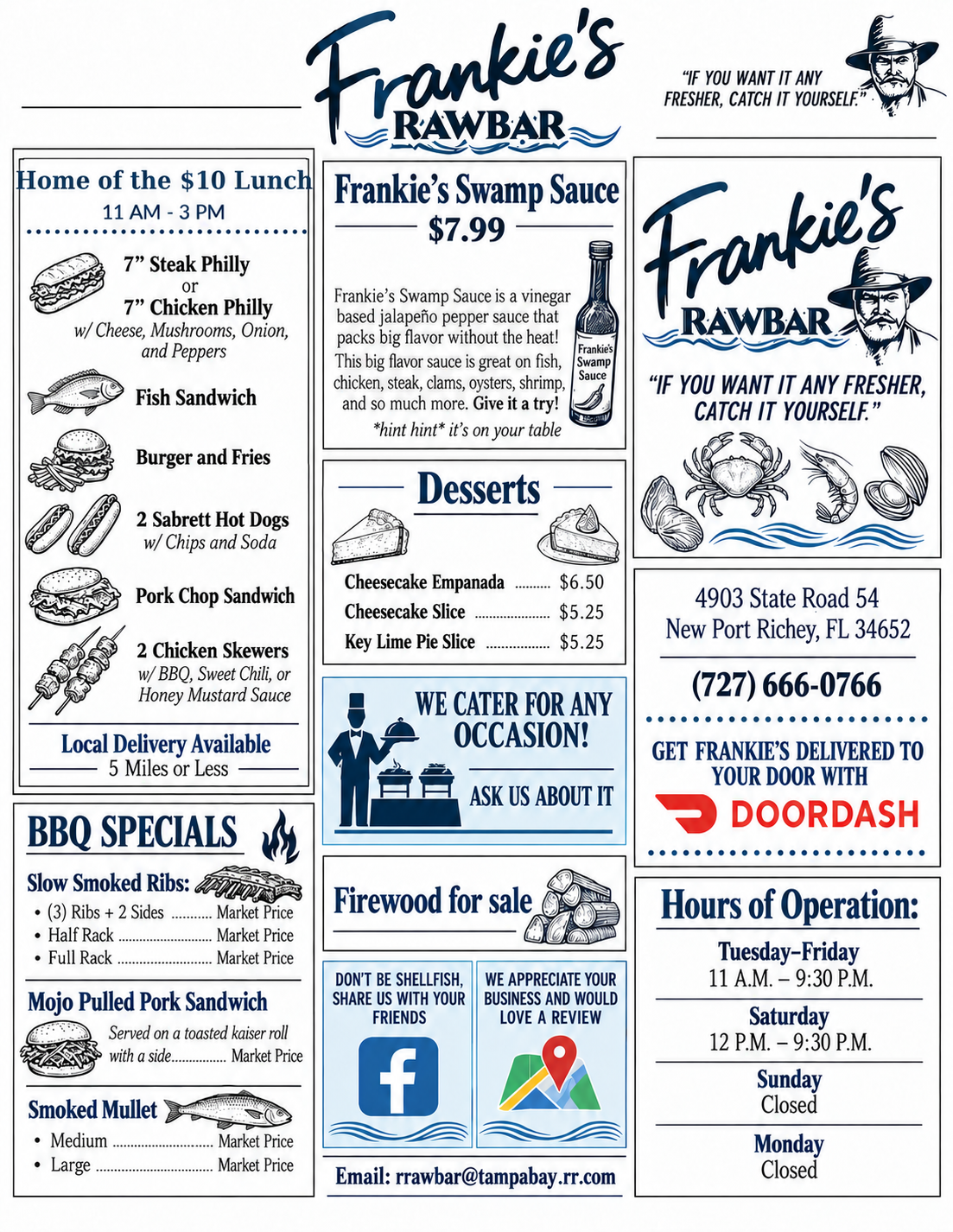 Frankie's Rawbar full menu front page